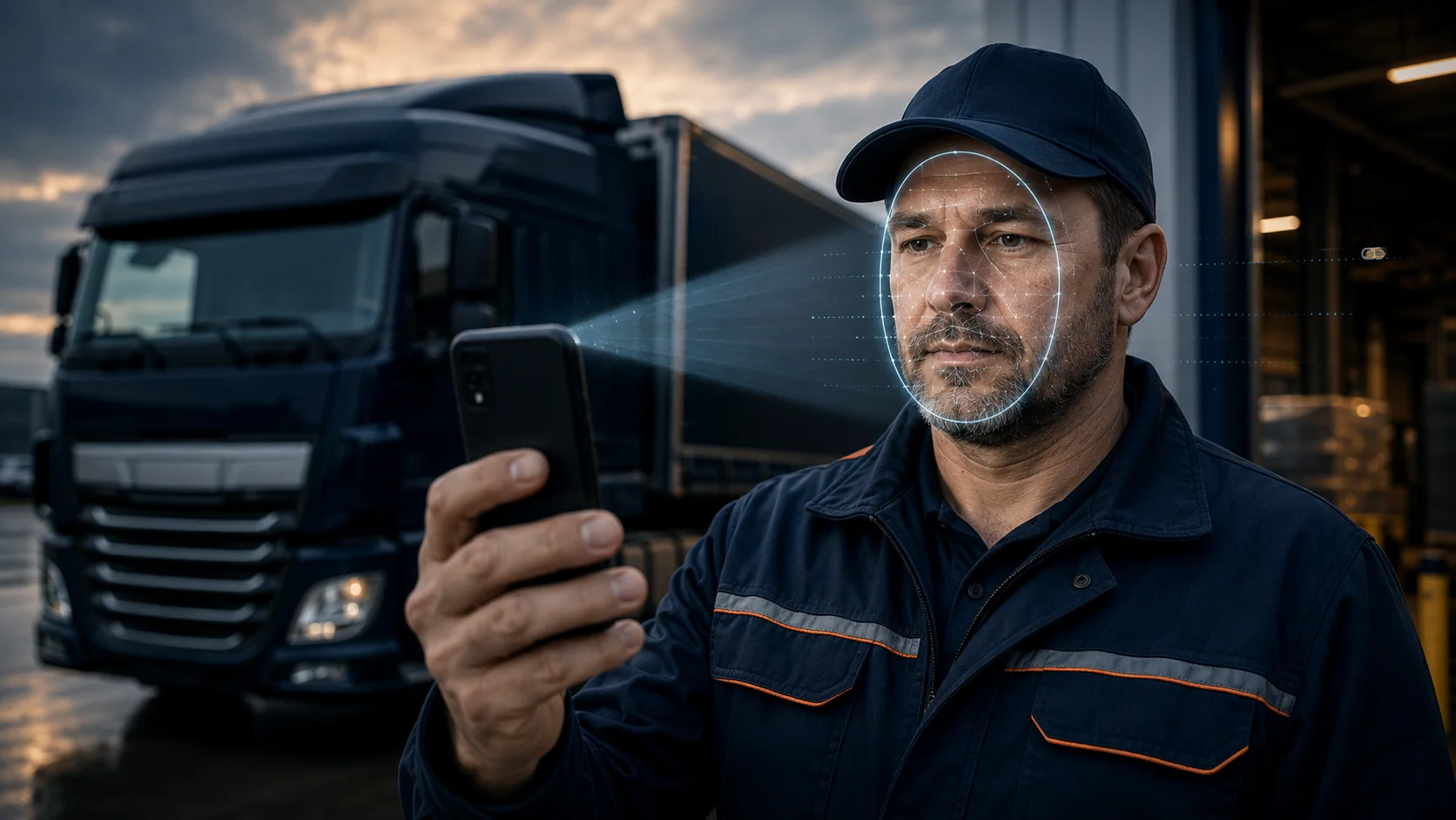 Motorista realizando biometria facial pelo navegador do smartphone ao lado de um caminhão.